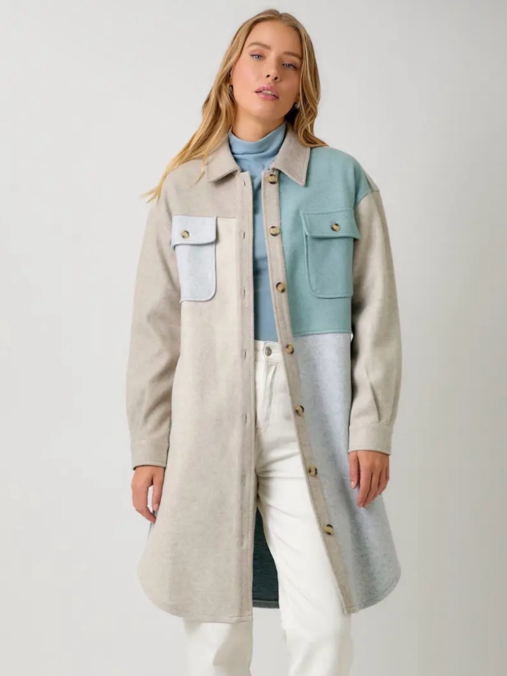 Mystree Colorblock Long Shacket - Light Beige & Mint SzS | NIB